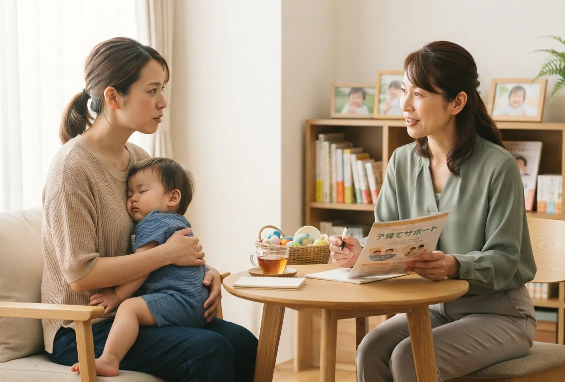 赤ちゃんを抱いたママの相談に、資料を見せながら答える助産師